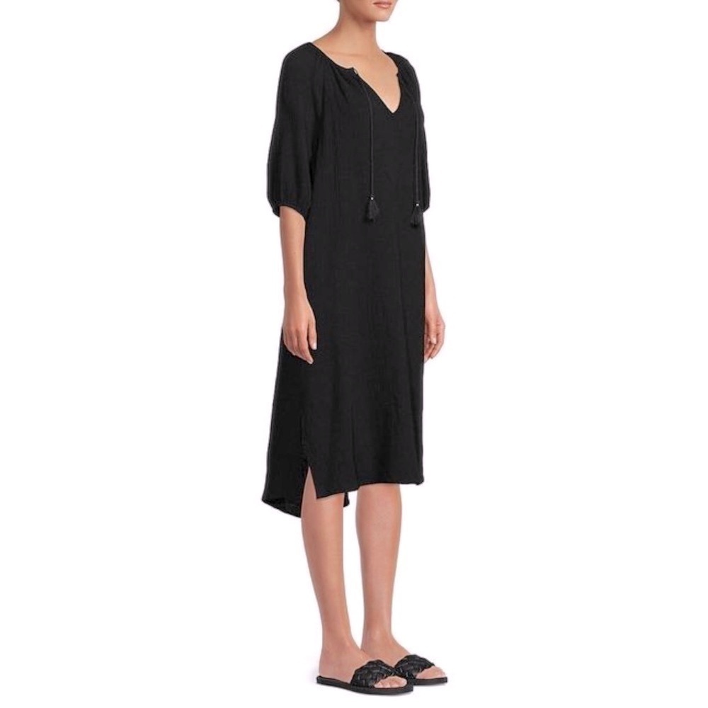 Socialite Black Cotton Tassel Tie Neck Shift Dress | 3/4 Sleeve Boho Midi Size M - Picture 4 of 6
